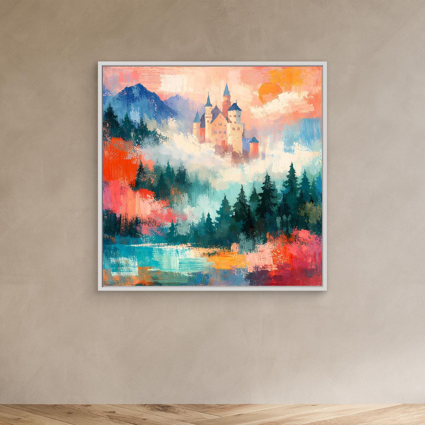 Abstraktes Wandbild mit Schloss in Pastellfarben, Berge und Tannen, im Rahmen