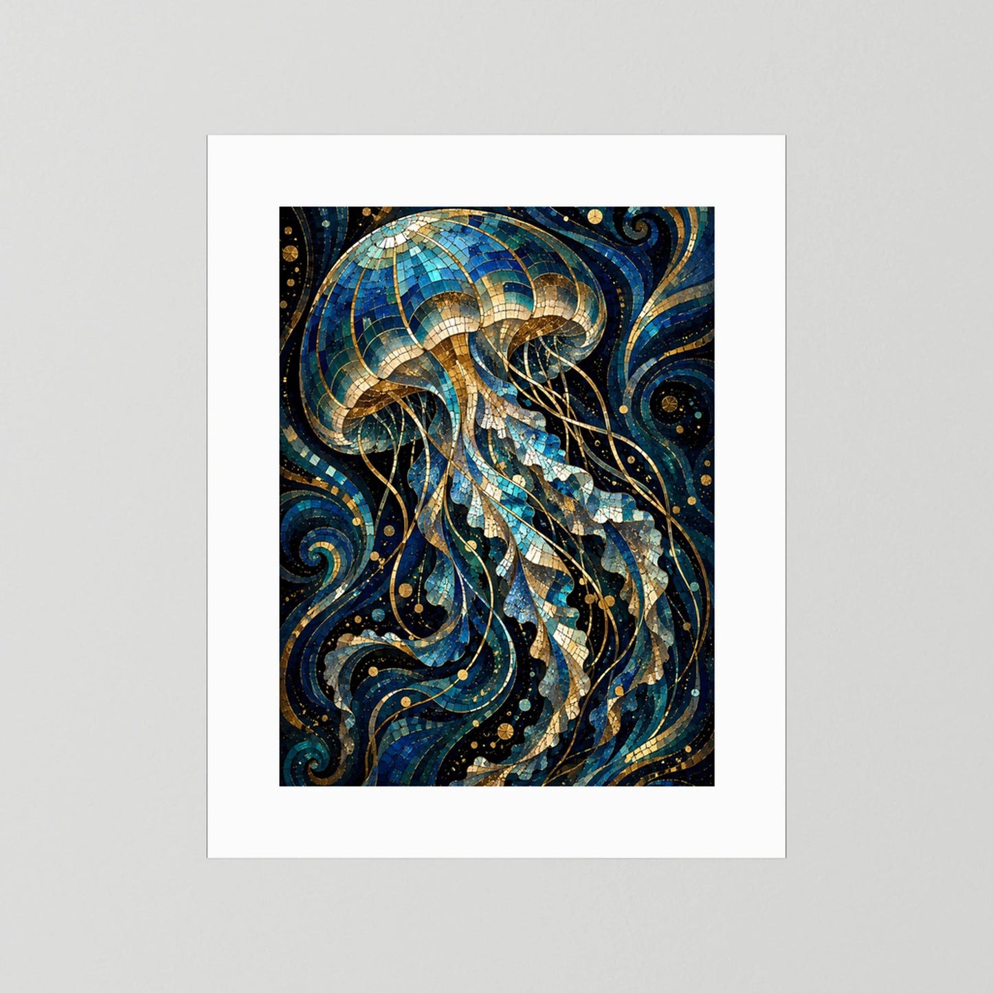 Poster mit Mosaik-Quallen in Blau und Gold, Motiv im weißen Passepartout
