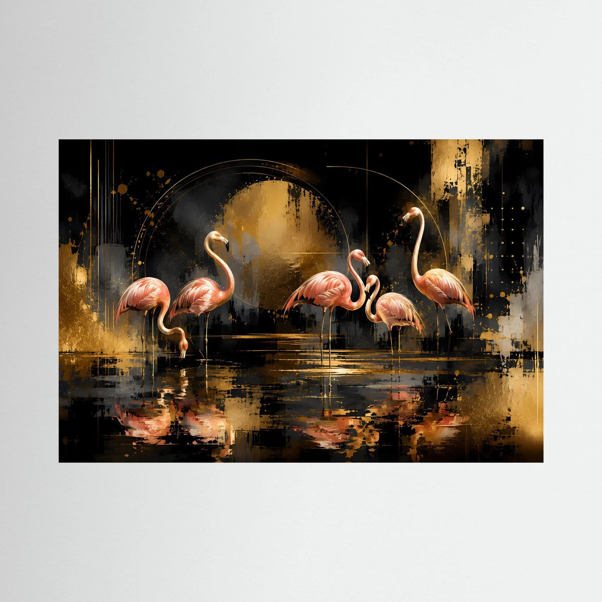 Querformat-Poster mit abstrakten Flamingos in Rosa, Schwarz und Gold auf dunklem Hintergrund