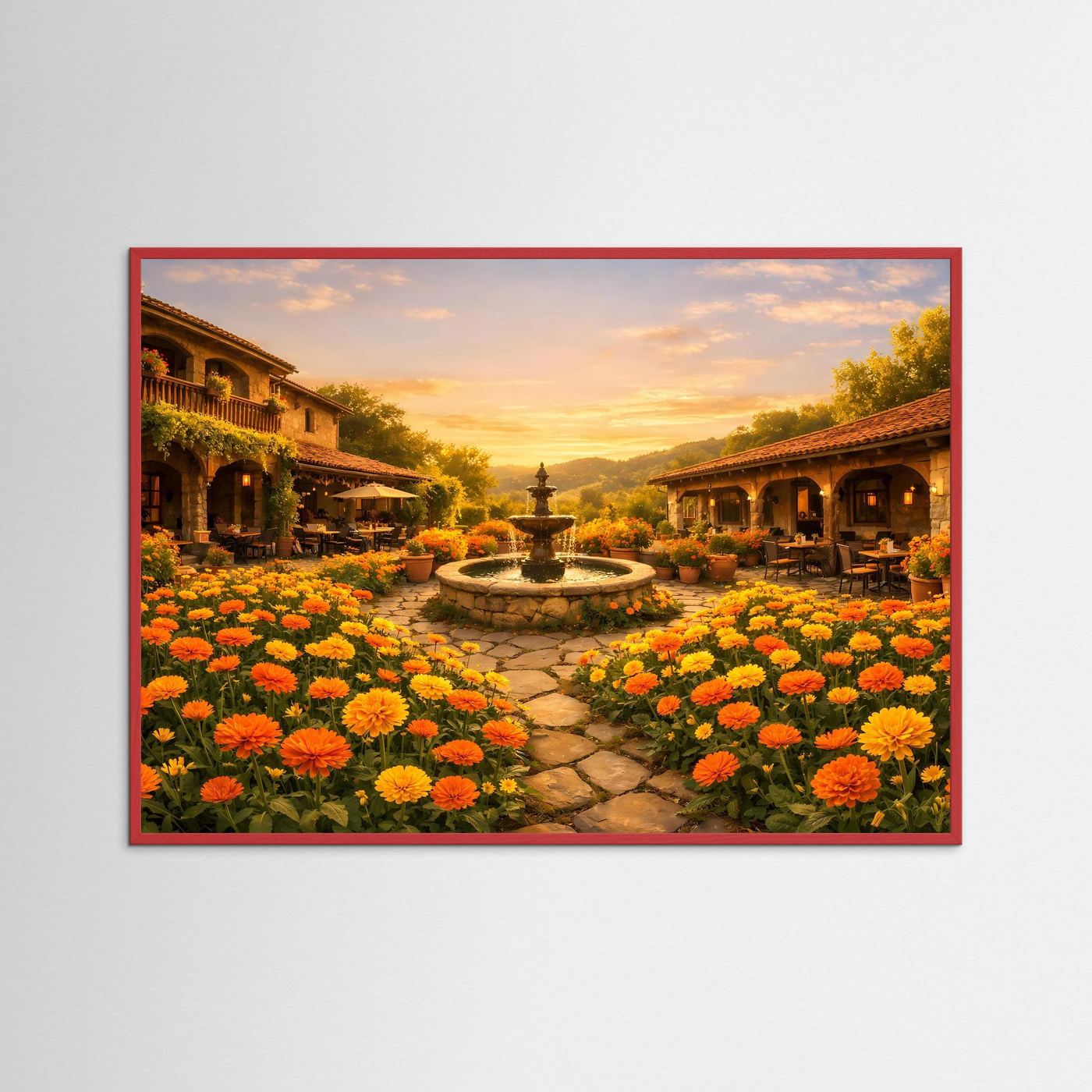 Gerahmtes Wandbild mit rotem Rahmen: Innenhofbrunnen und bunte Blumenbeete