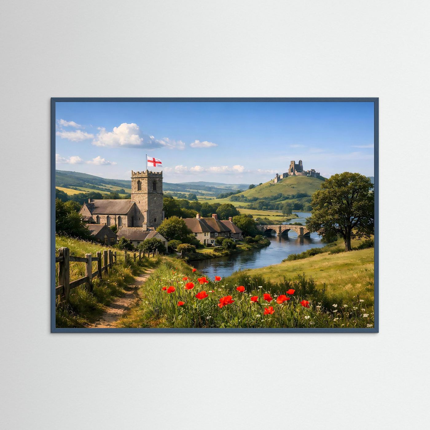 Naturposter Querformat mit blauem Rahmen: Burgruine, Fluss und rote Mohnblumen
