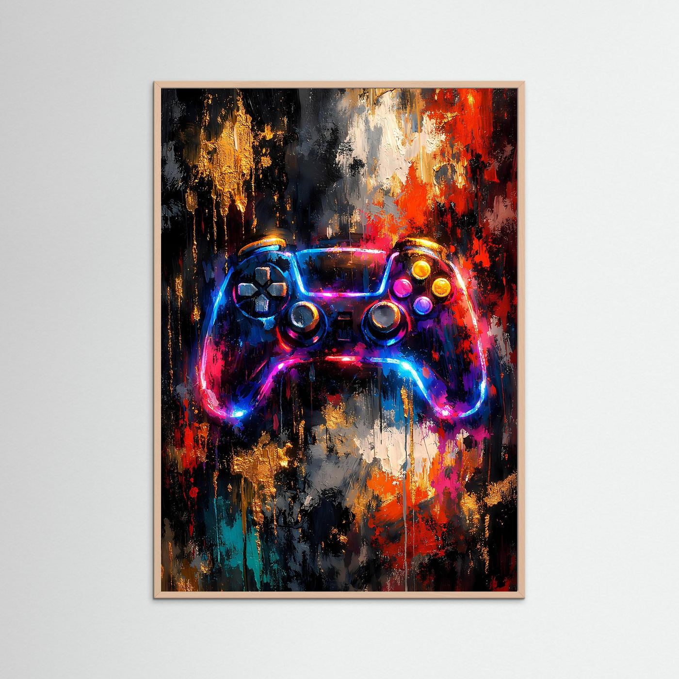 Gaming-Poster mit Controller-Illustration in Neonfarben, im warmen Holzrahmen