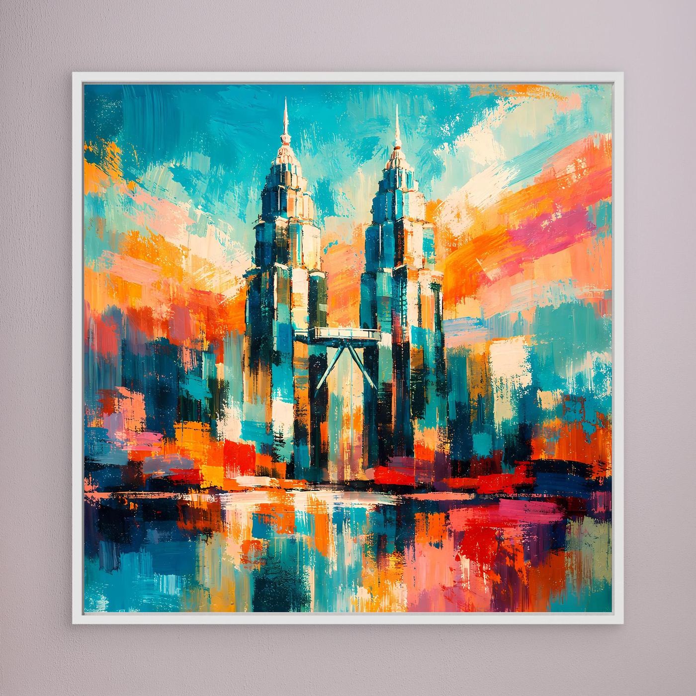Leinwand-Wandbild mit farbigem abstraktem Türmepaar und Spiegelung, weißer Rahmen