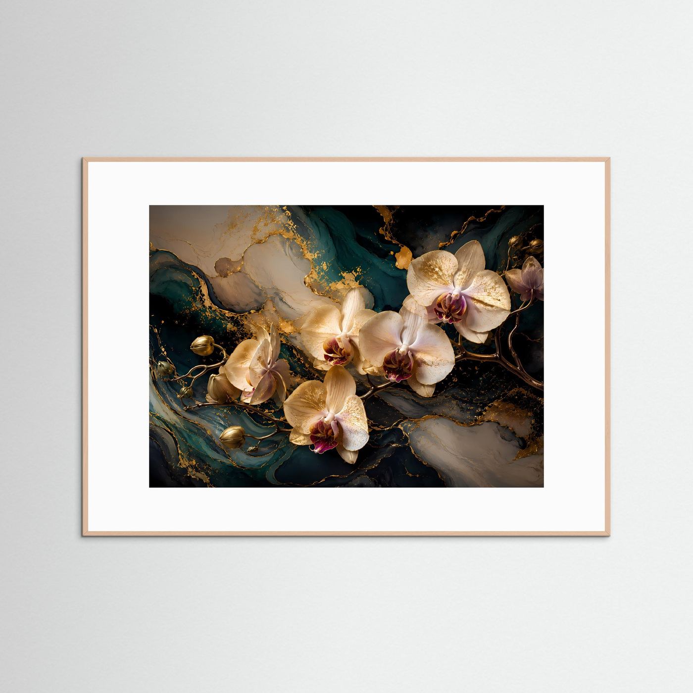 Orchideen-Poster im Querformat mit marmoriertem Hintergrund, naturfarbener Holzrahmen