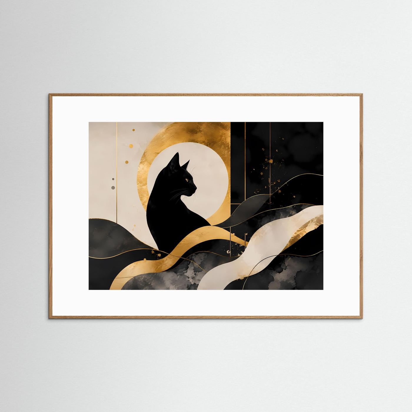 Schwarze Katze vor goldenem Mond | Abstrakte Katzenkunst in Schwarz & Gold