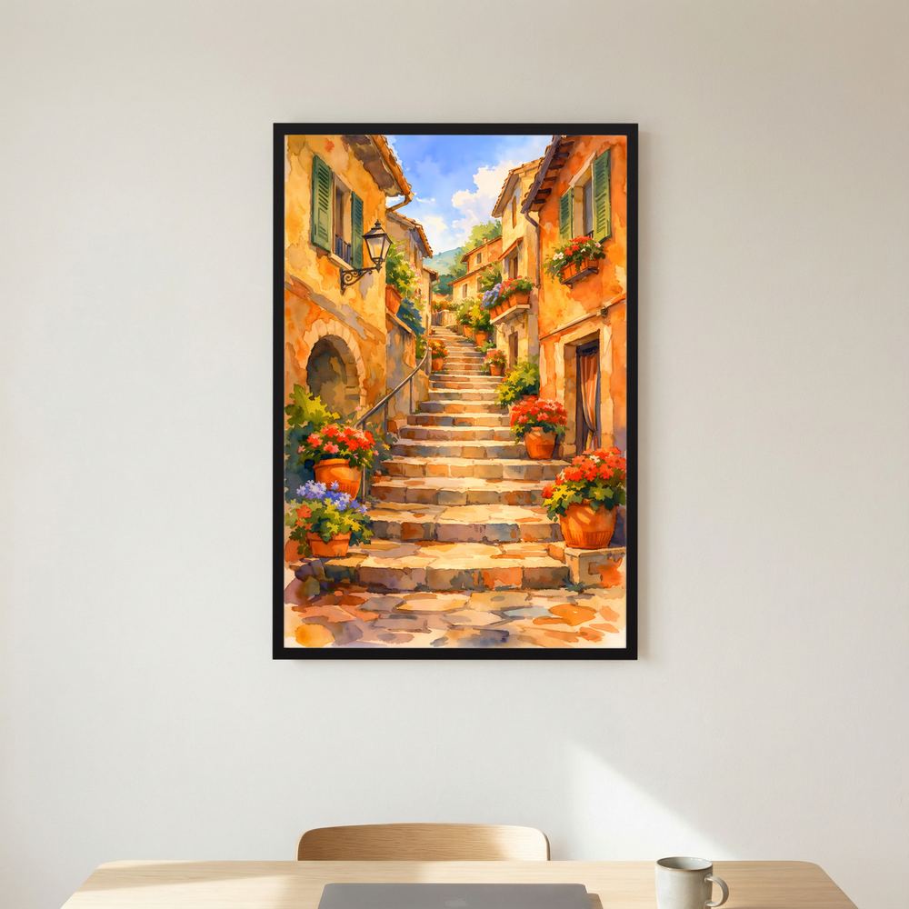 Hochformat-Wandbild: Treppe in mediterraner Gasse mit Blumen in Töpfen, schwarzer Rahmen