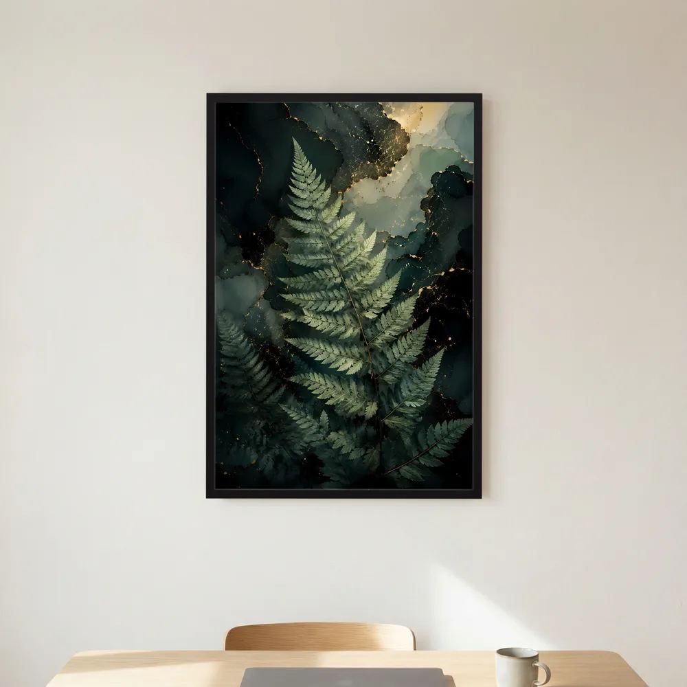 Kunstposter mit Farnmotiv in Dunkelgrün und Gold, schwarz gerahmt, zentriert