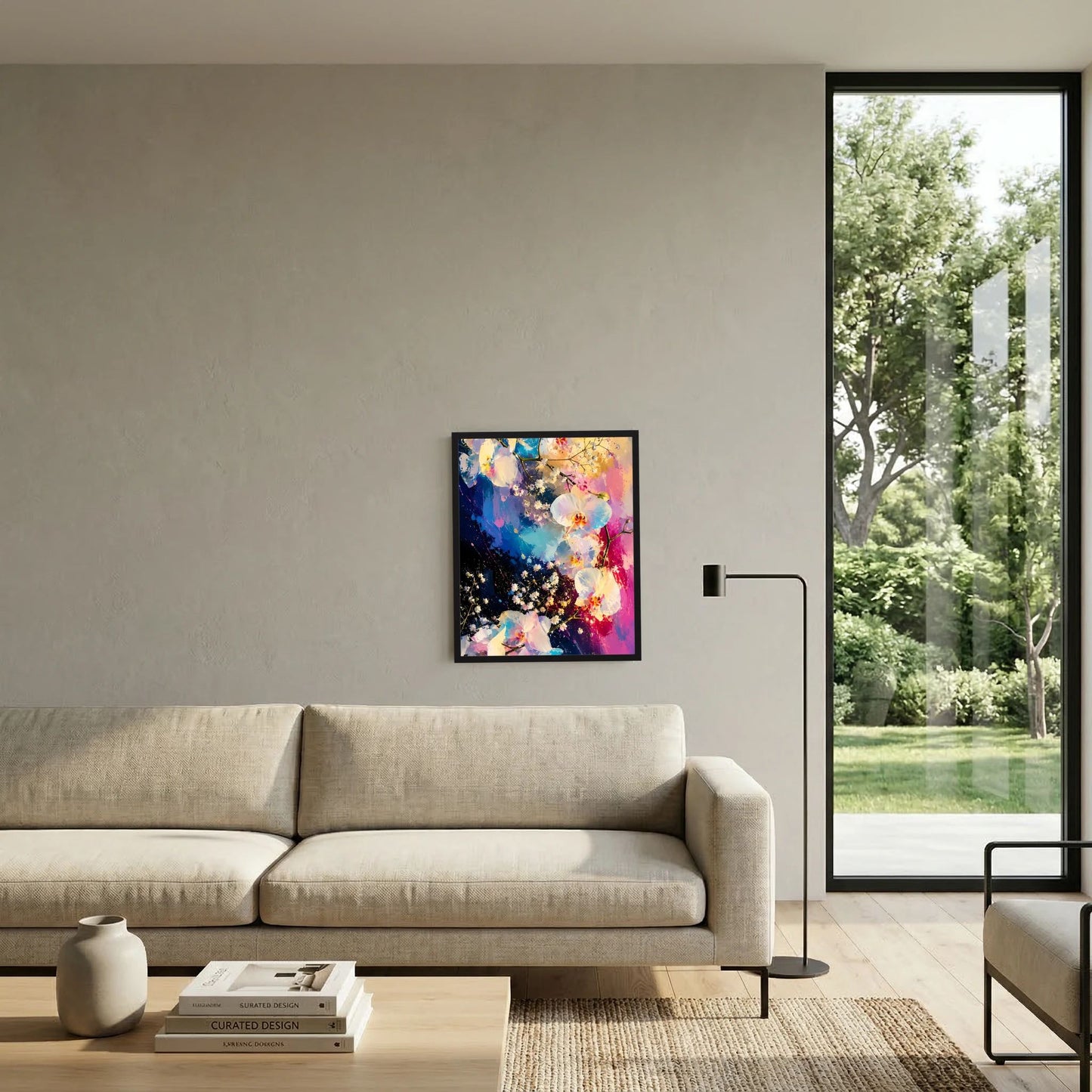 Schwarz gerahmtes Orchideen-Poster mit abstraktem Blütenbild in Rosa und Blau