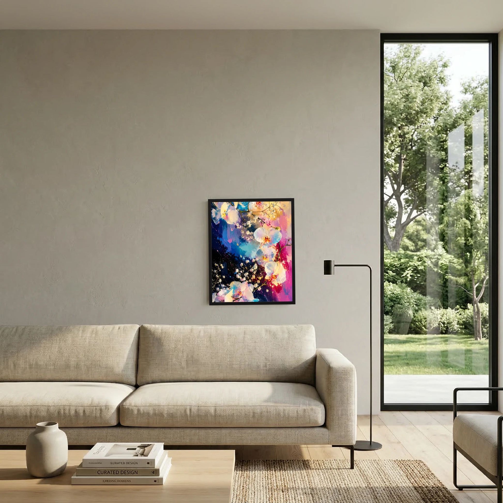 Schwarz gerahmtes Orchideen-Poster mit abstraktem Blütenbild in Rosa und Blau