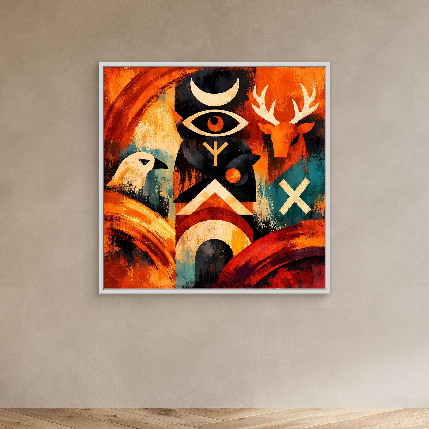 Abstraktes Leinwandbild mit Totem und Runen, Auge und Vogel; im dunklem Rahmen