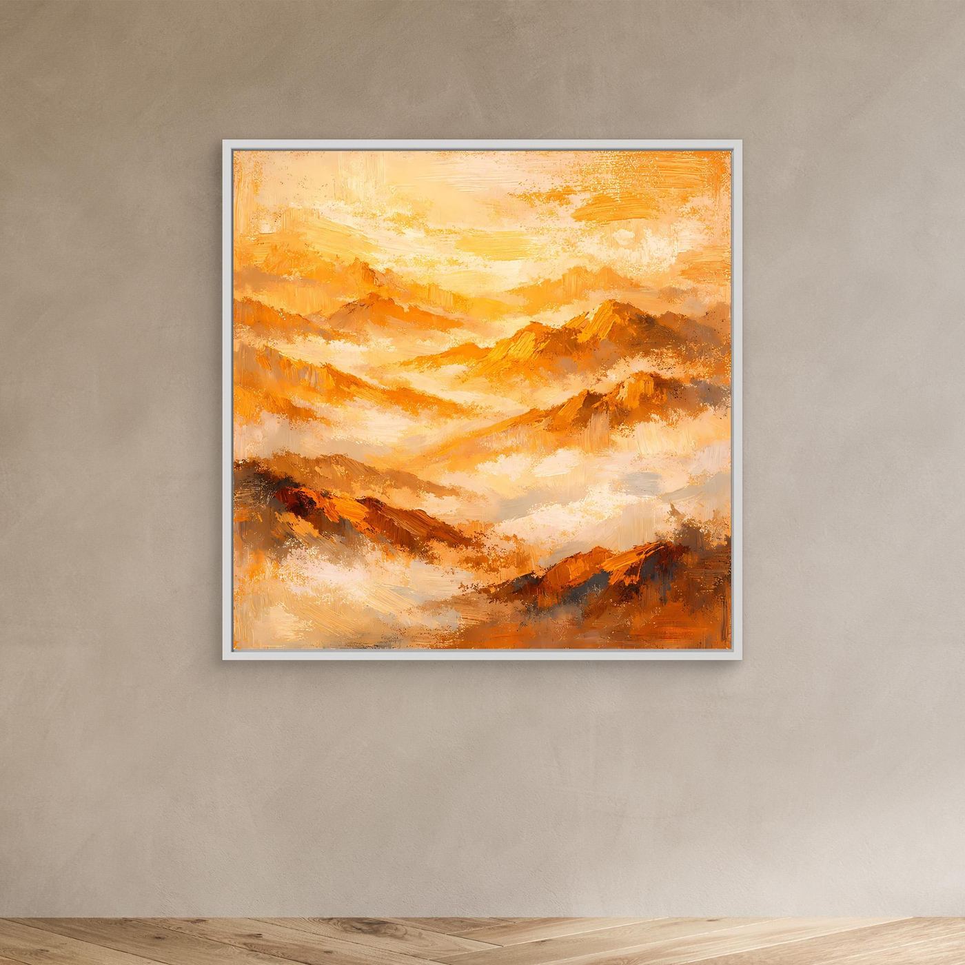 Leinwand-Wandbild mit abstrakten Bergen in Gold- und Orangetönen, weißer Rahmen