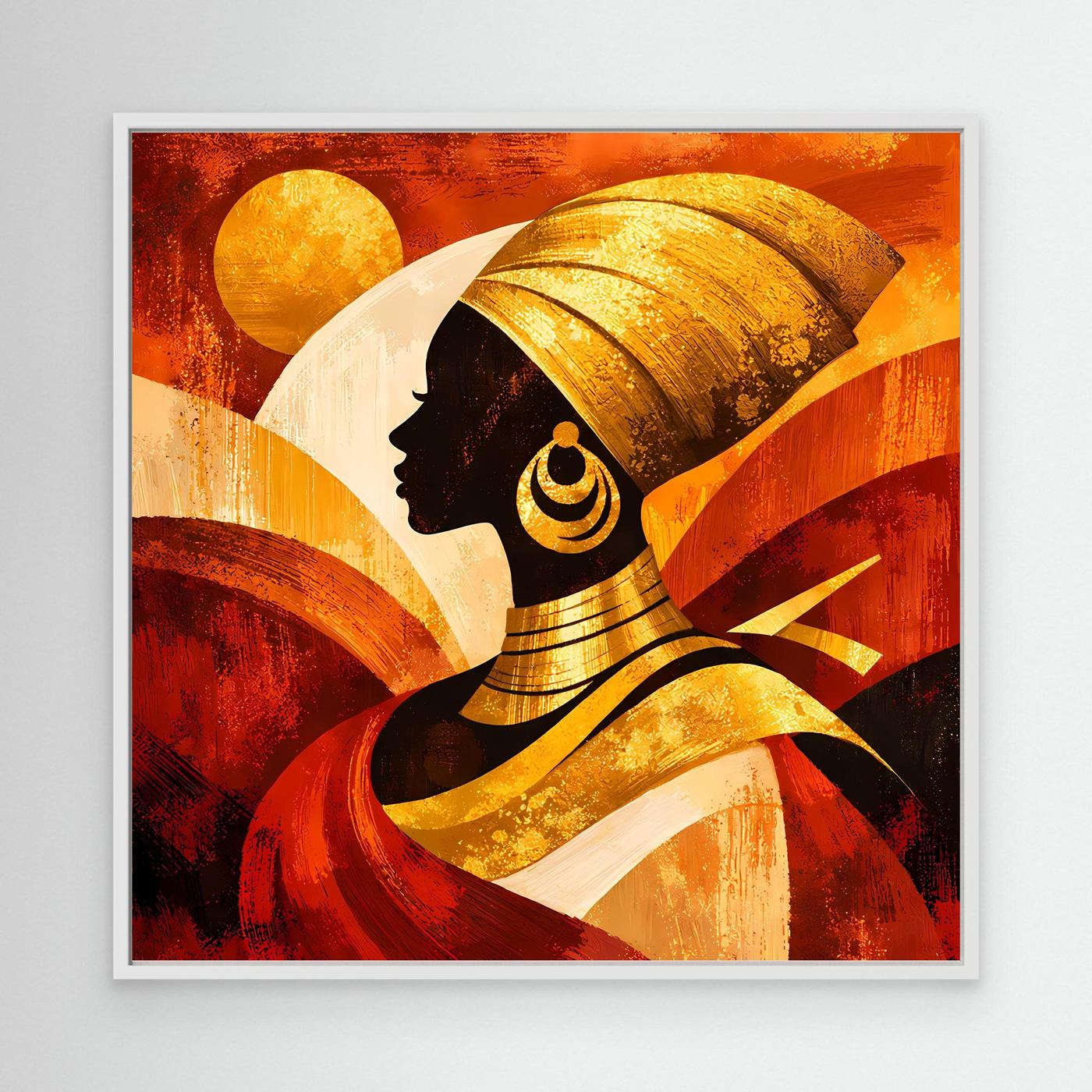 Leinwandbild mit abstrakter Frauenfigur, goldfarbenem Turbanmotiv, im weißen Rahmen