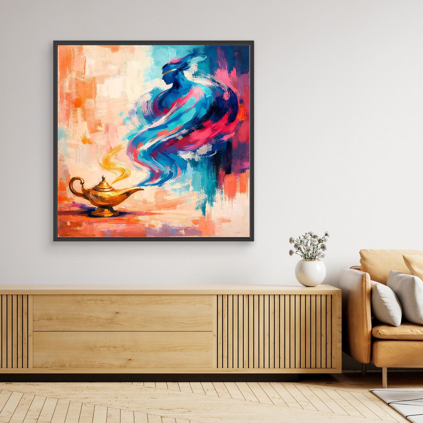 Gerahmtes Leinwand-Wandbild: abstrakte blaue Figur mit pinken Akzenten und orangefarbener Flamme