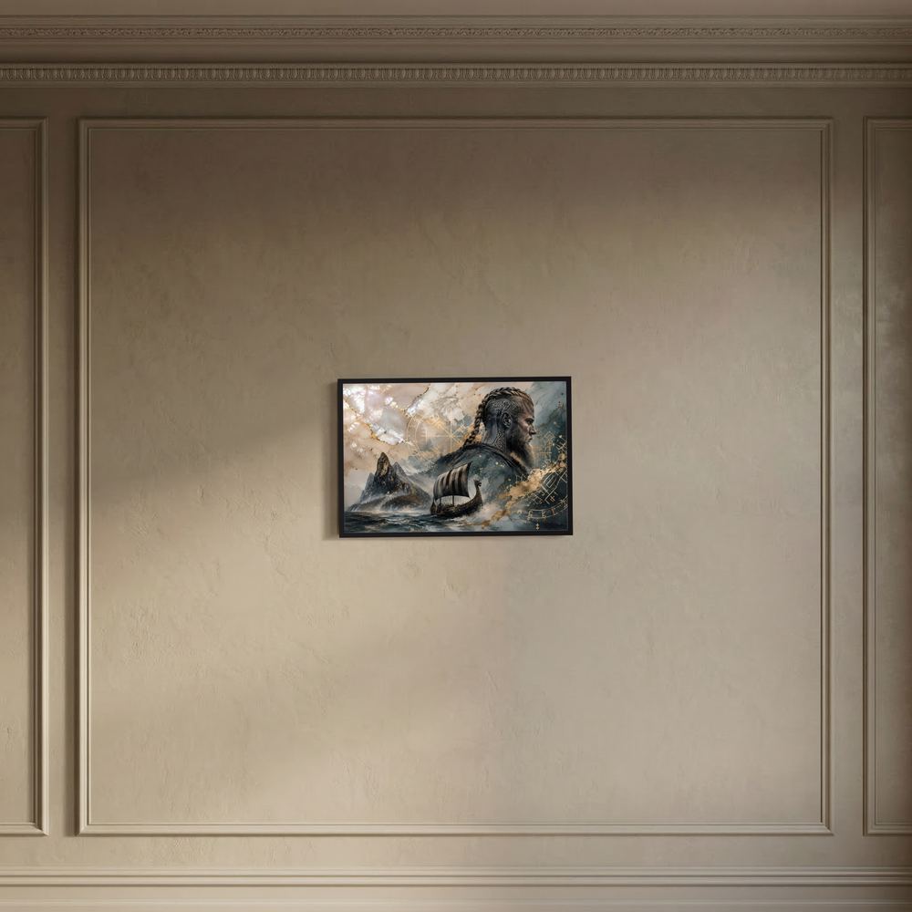 Kleines Poster mit schwarzem Rahmen: Wikinger im Boot mit Golddetails