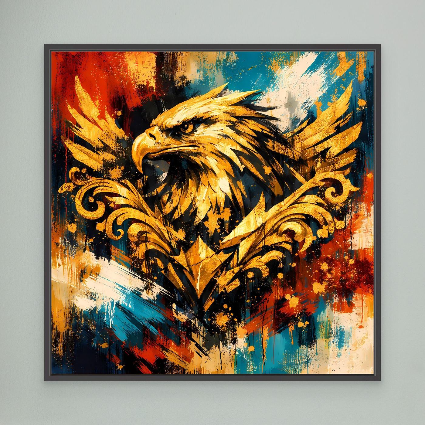 Leinwand-Wandbild mit goldenem Adler im Barockstil, abstrakt, schwarzer Rahmen
