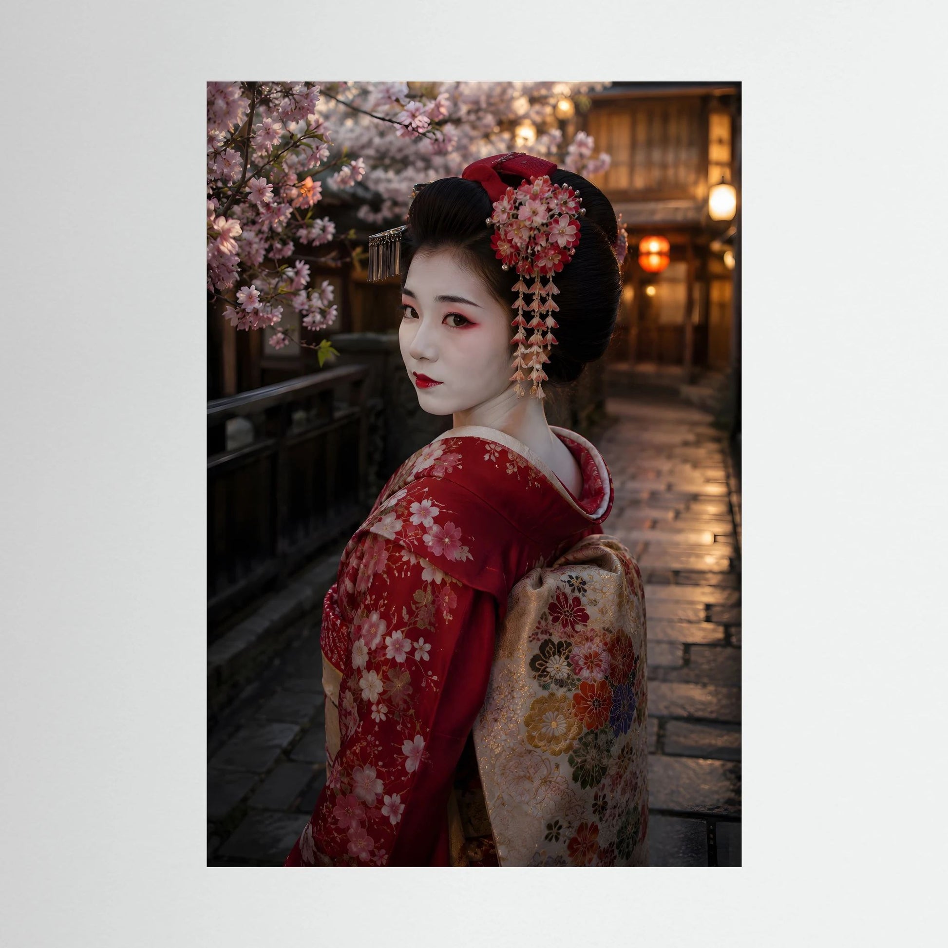 Poster im Hochformat: Geisha im roten Kimono mit Haarschmuck und Kirschblüten