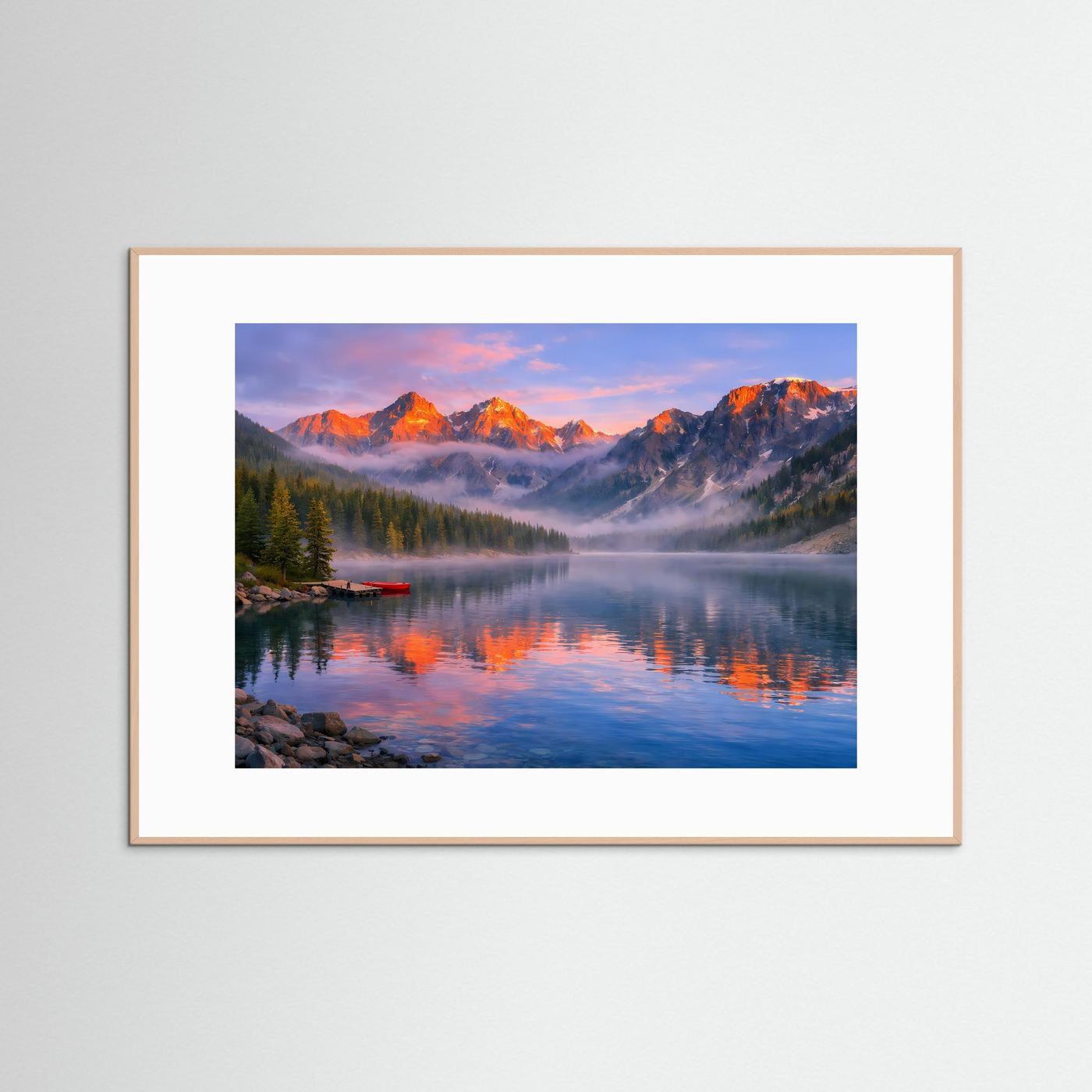 Wandbild: Bergsee-Landschaft bei Sonnenaufgang, naturfarbener Holzrahmen