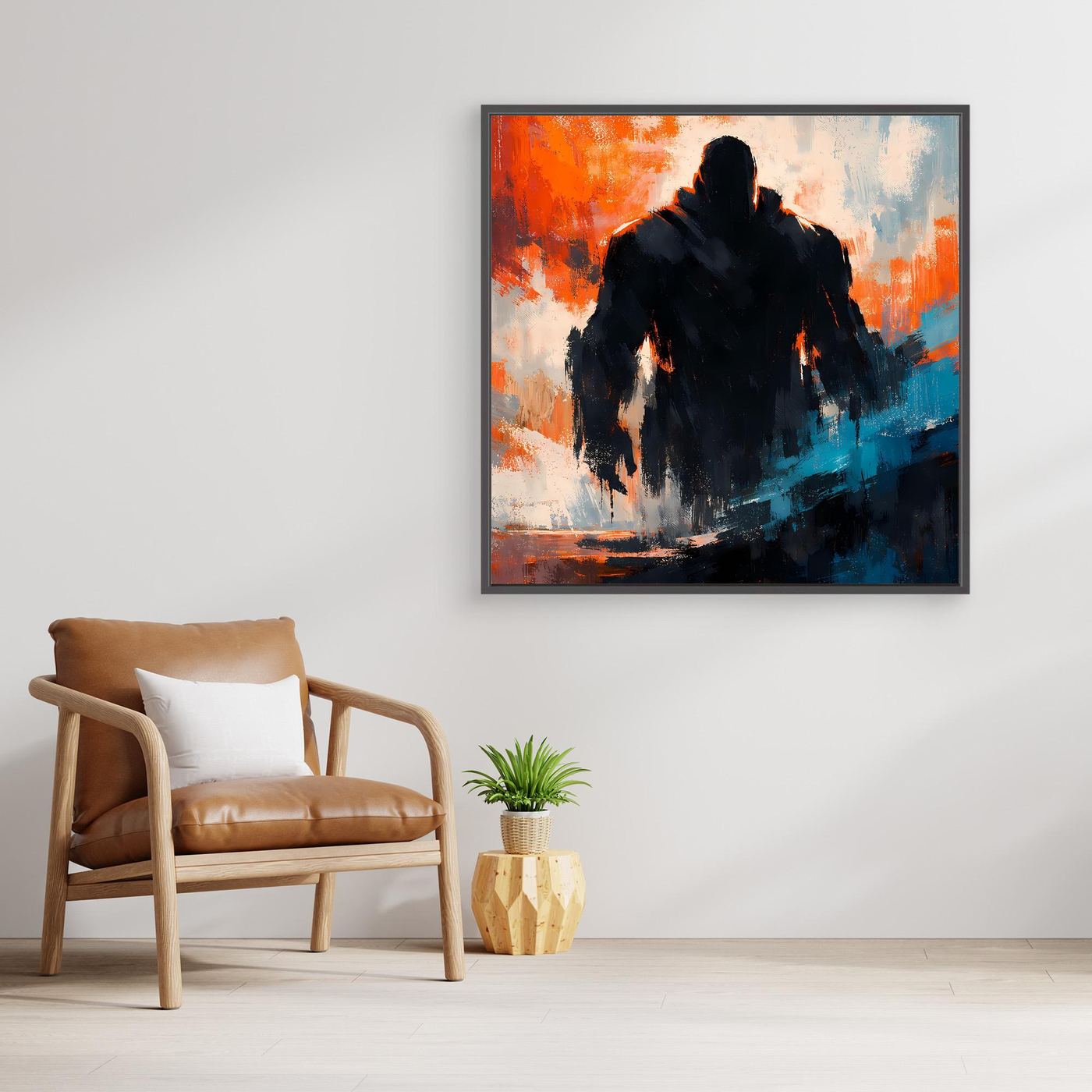 Abstraktes Leinwandbild: dunkle Gestalt in Orange- und Blautönen, goldener Rahmen