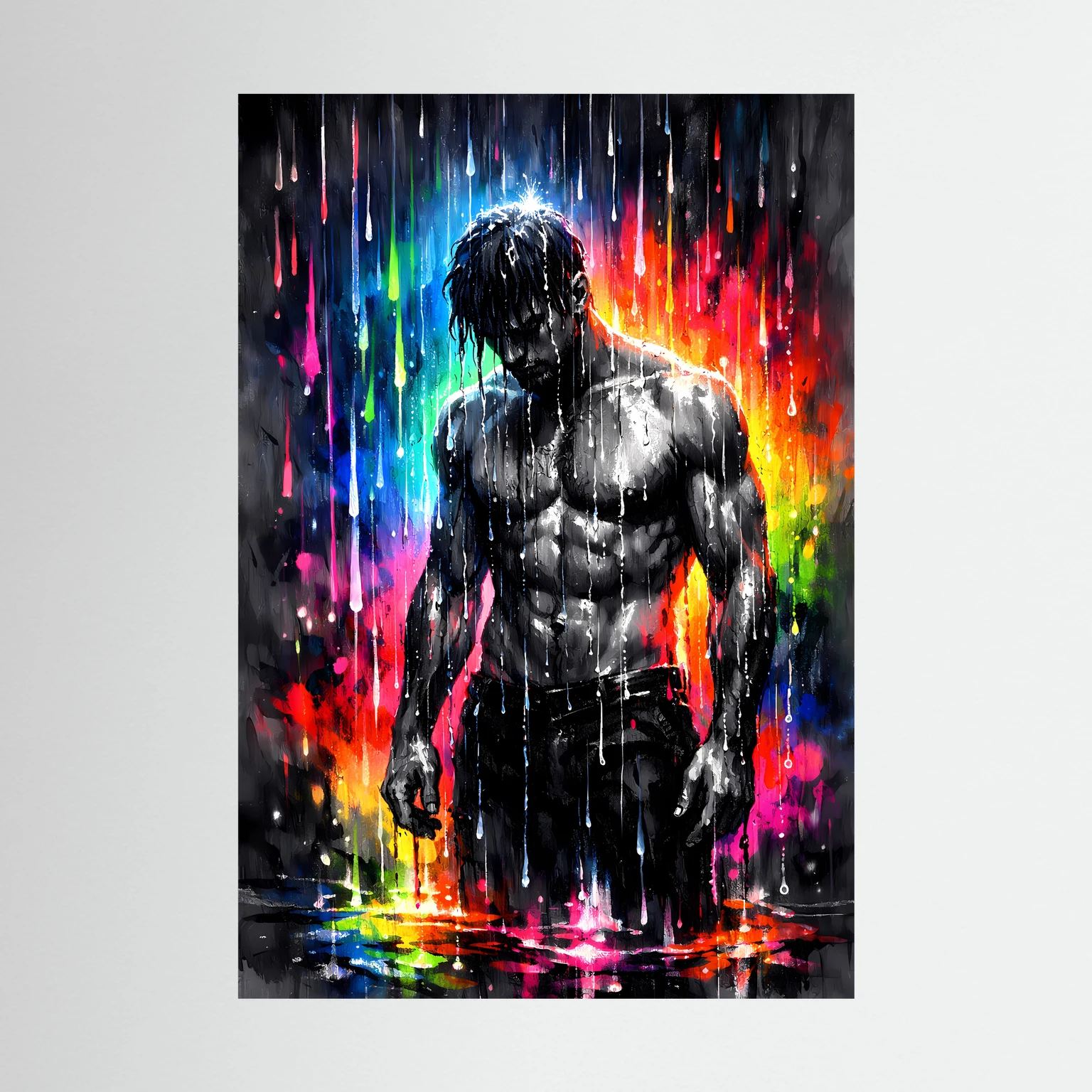 Wandposter ohne Rahmen: muskulöser Männerkörper in Schwarzweiß mit bunten Neon-Spritzern, Hochformat