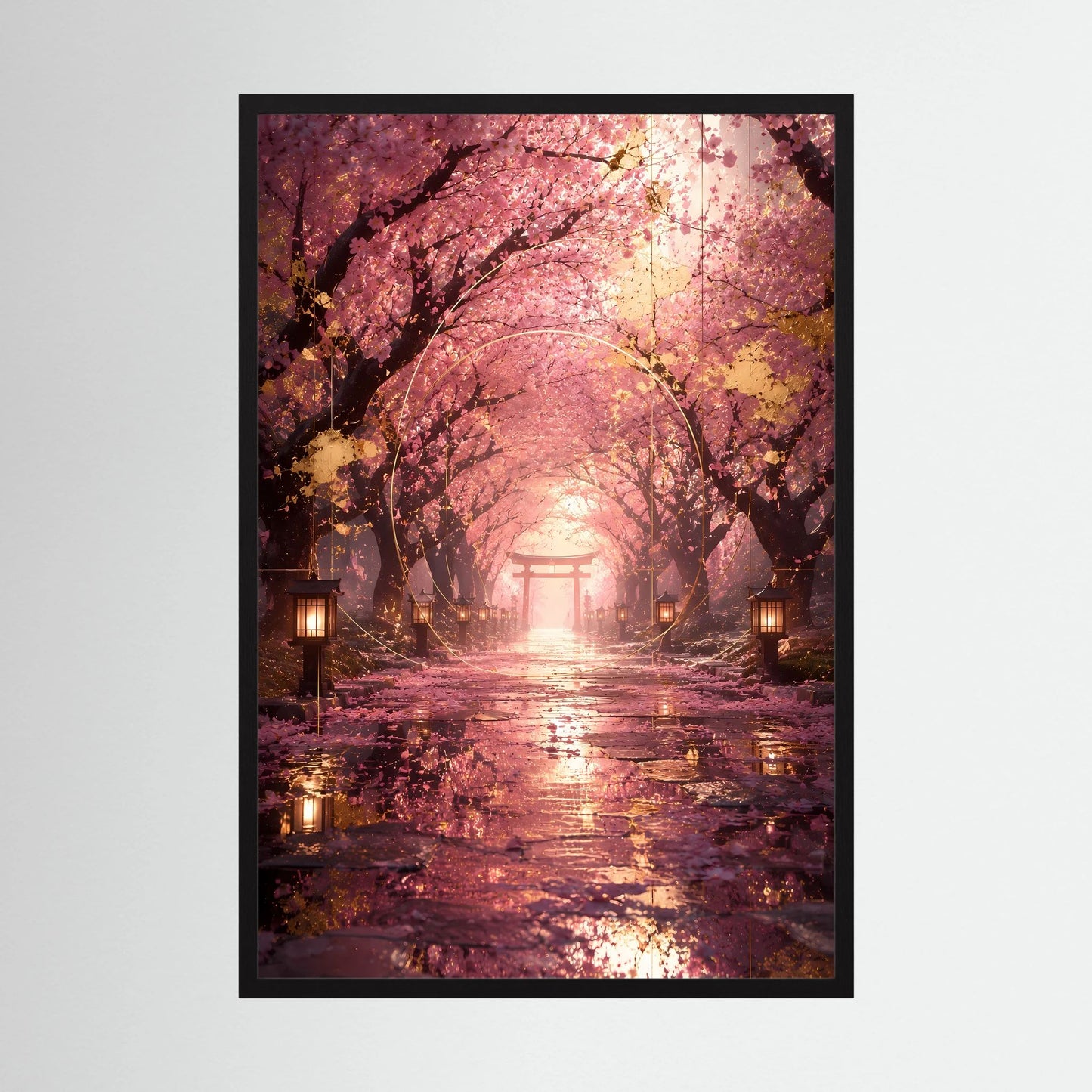 Hochformatiges Poster mit Sakura-Allee, Torii-Tunnel und Laternen im Kirschblütenregen