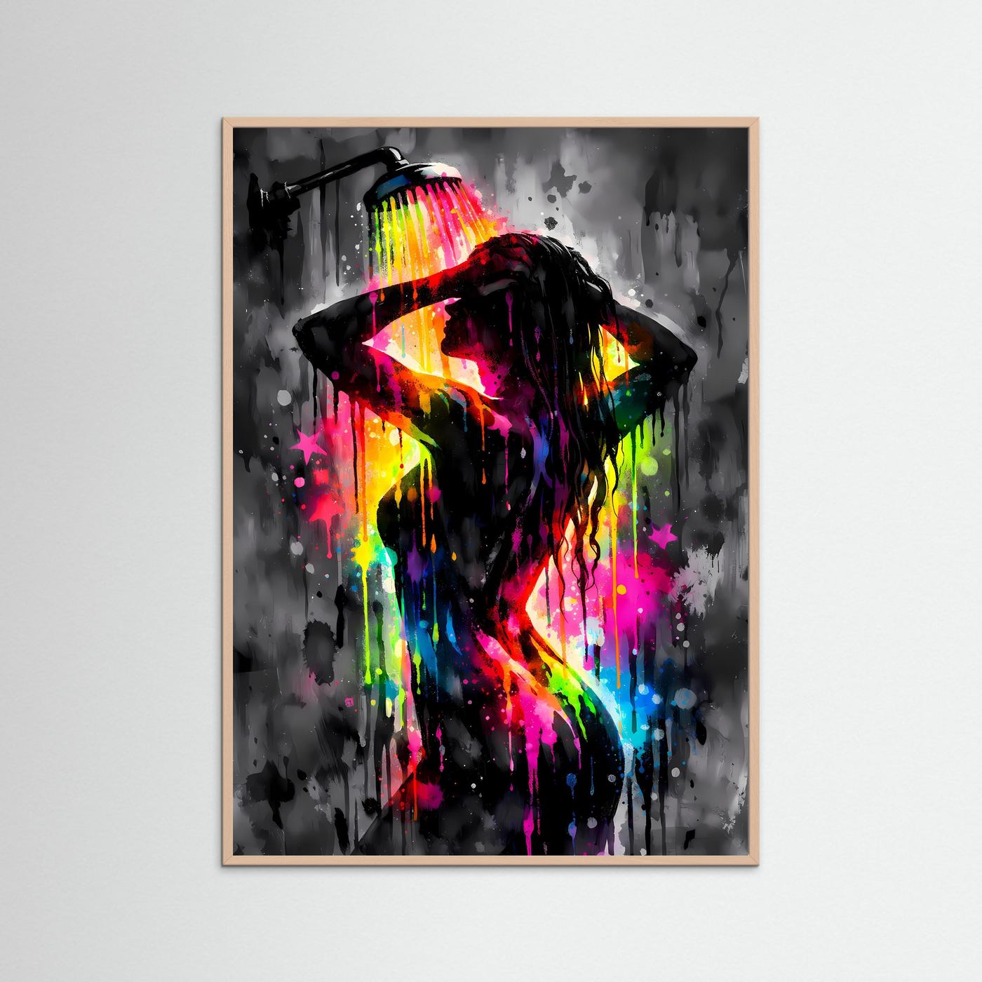 Die Kunst der Erfrischung | Neon Dusch-Poster mit weiblicher Silhouette & Regenbogen-Farben | Abstraktes Pop-Art Kunstposter Hochformat