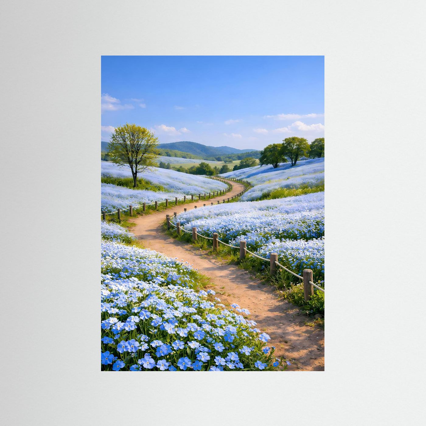 Landschafts-Poster: Weg durch blaues Blütenmeer, Zaun und Hügel
