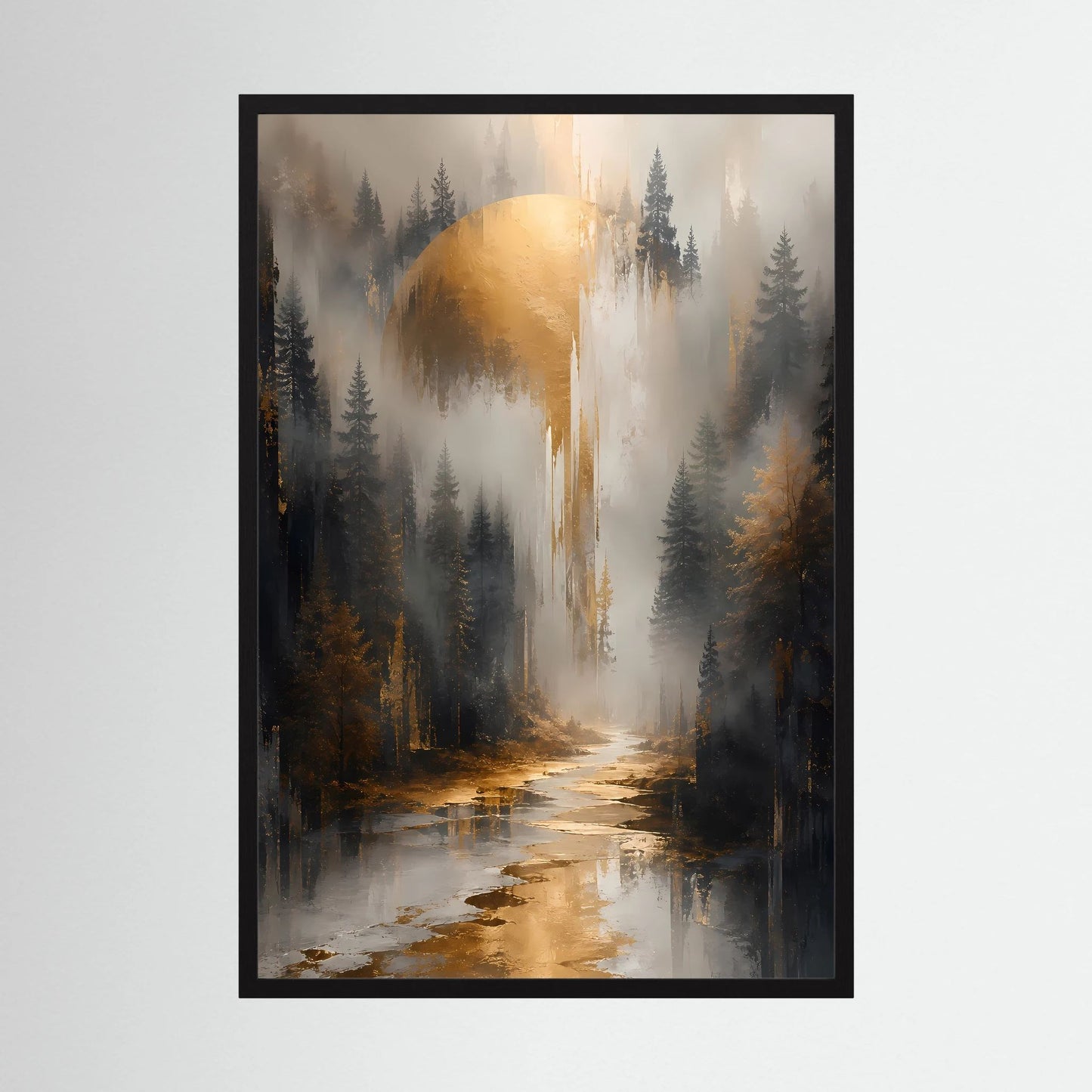 Hochformat-Poster im schwarzen Rahmen, nebliger Waldweg mit goldenem Licht und Fluss