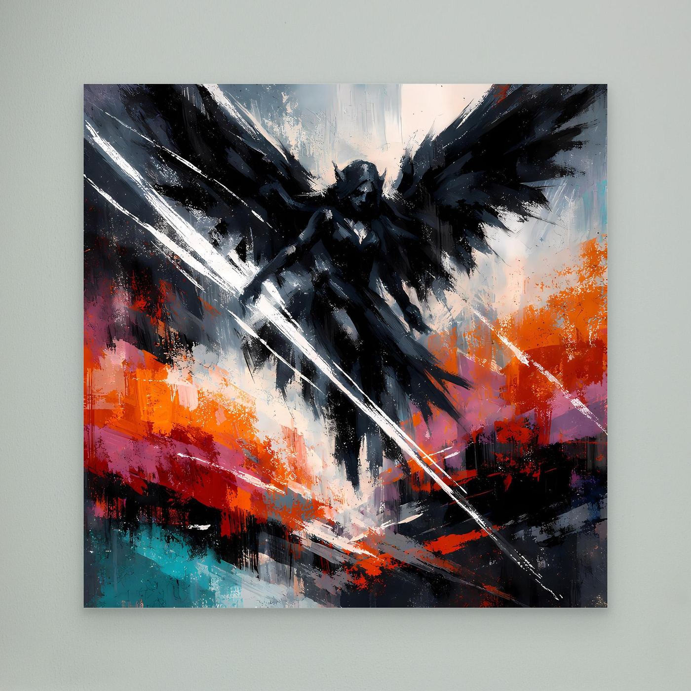 Fantasy-Wandbild: dunkler Engel mit ausgebreiteten Flügeln, diagonalem Licht und Farbflecken