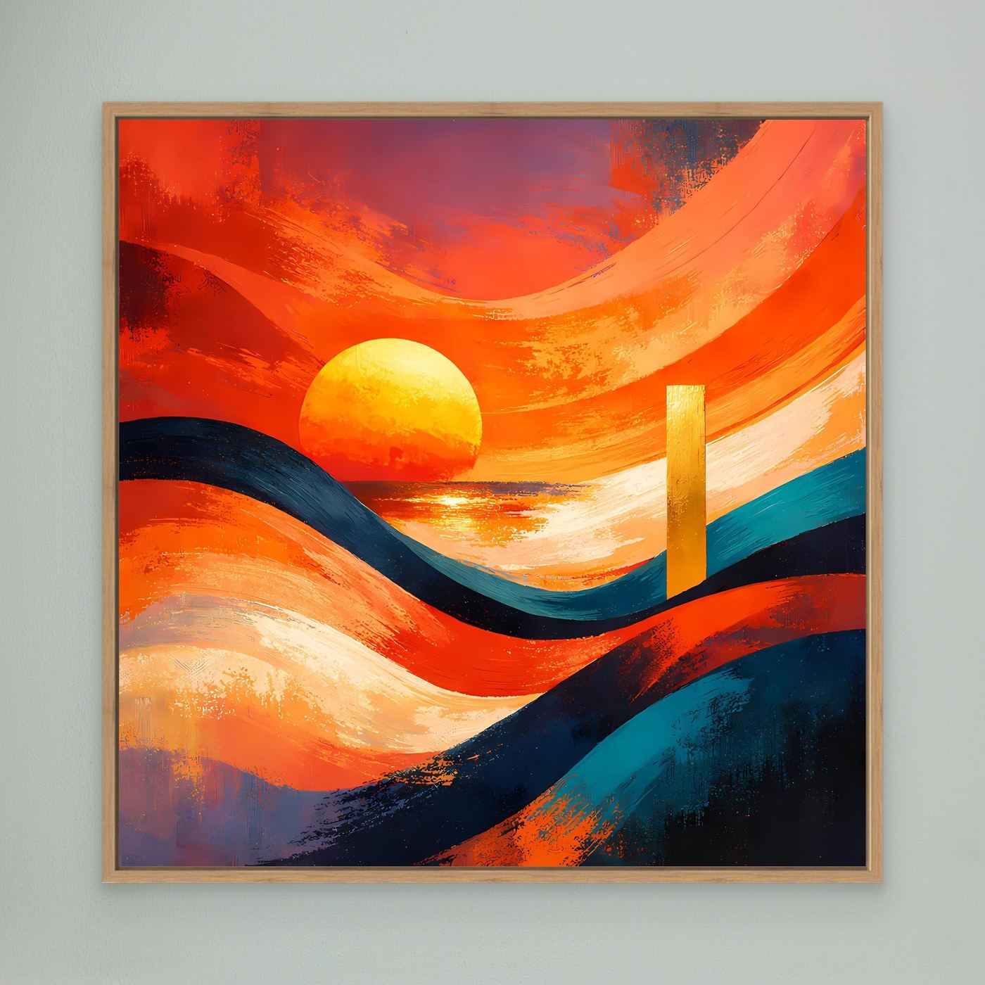 Leinwandbild mit hellem Holzrahmen: abstraktes Meer mit runder Sonne in Orange und Blau
