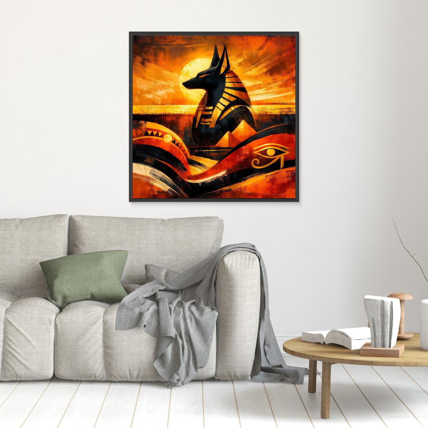 Kleines Wandbild Leinwand mit Anubis-Silhouette, orange-gelber Farbverlauf, schwarzes und goldene Muster, dunkel gerahmt