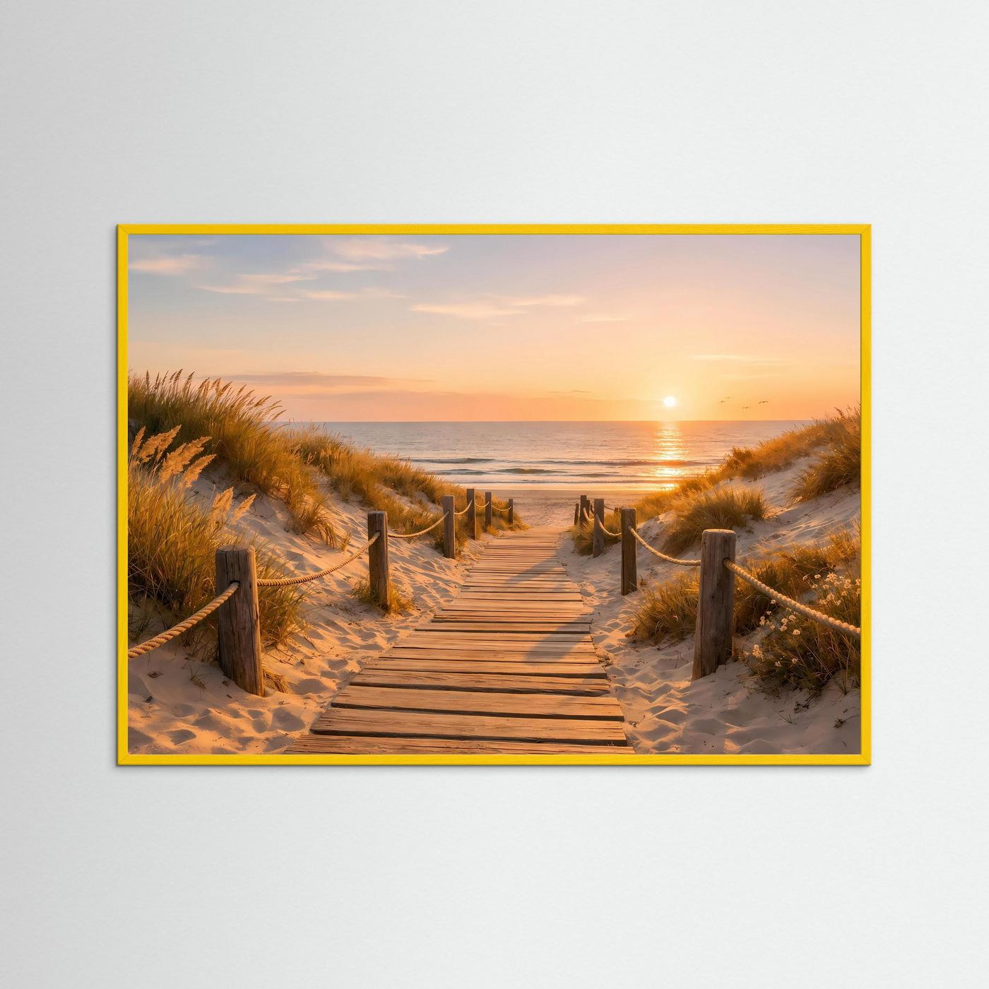 Wandbild mit Holzsteg durch Dünen zum Meer bei Sonnenuntergang, gelber Rahmen