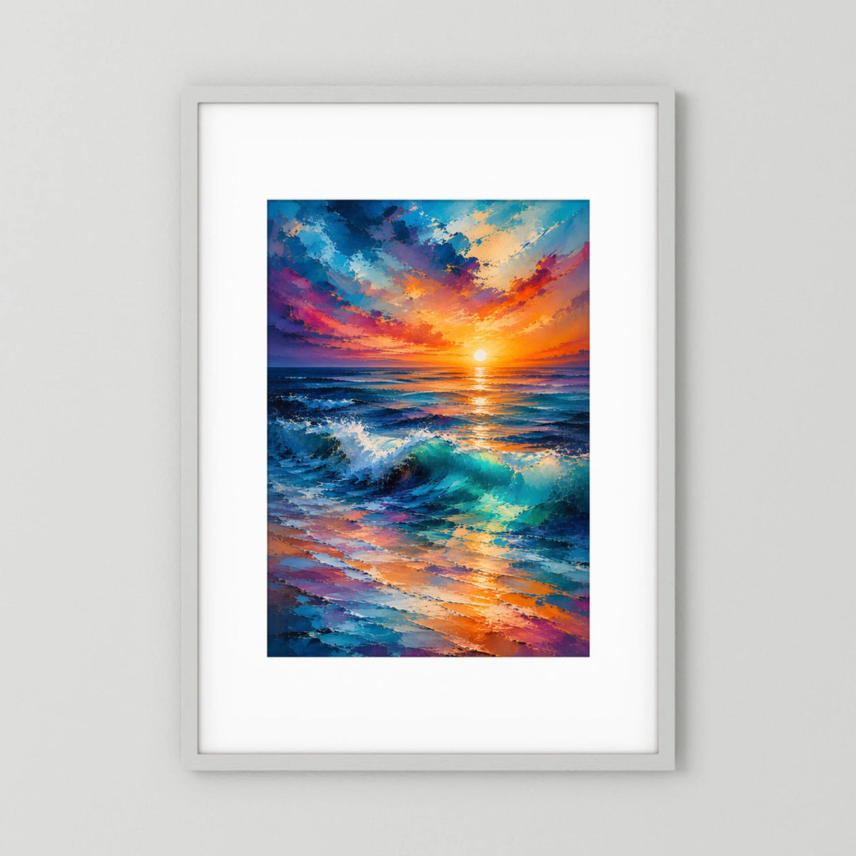 Hochformatiges gerahmtes Poster mit Sonnenuntergang über dem Meer und farbigen Wellen