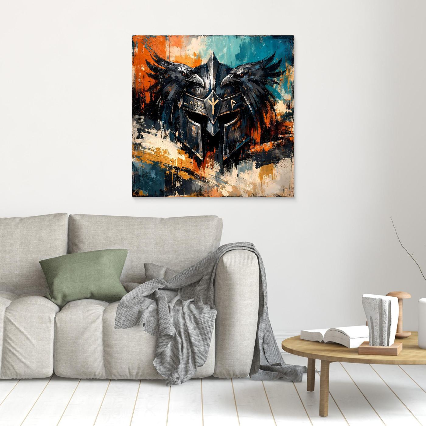 Quadratisches Wandbild mit Odins-Helm und Raben, ohne sichtbaren Rahmen
