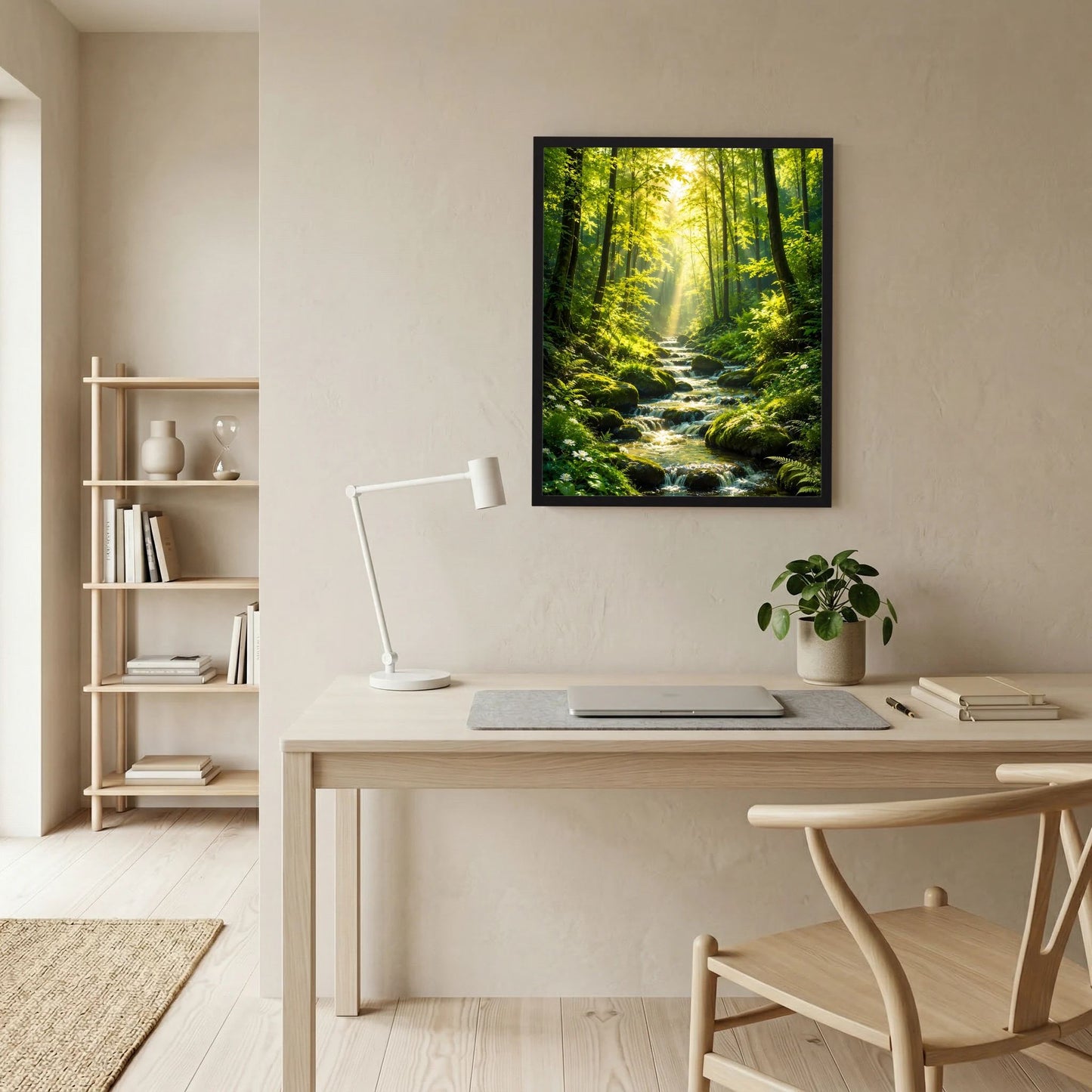 Poster im schwarzen Rahmen: Waldbach durch den Wald, helles Grün und Licht