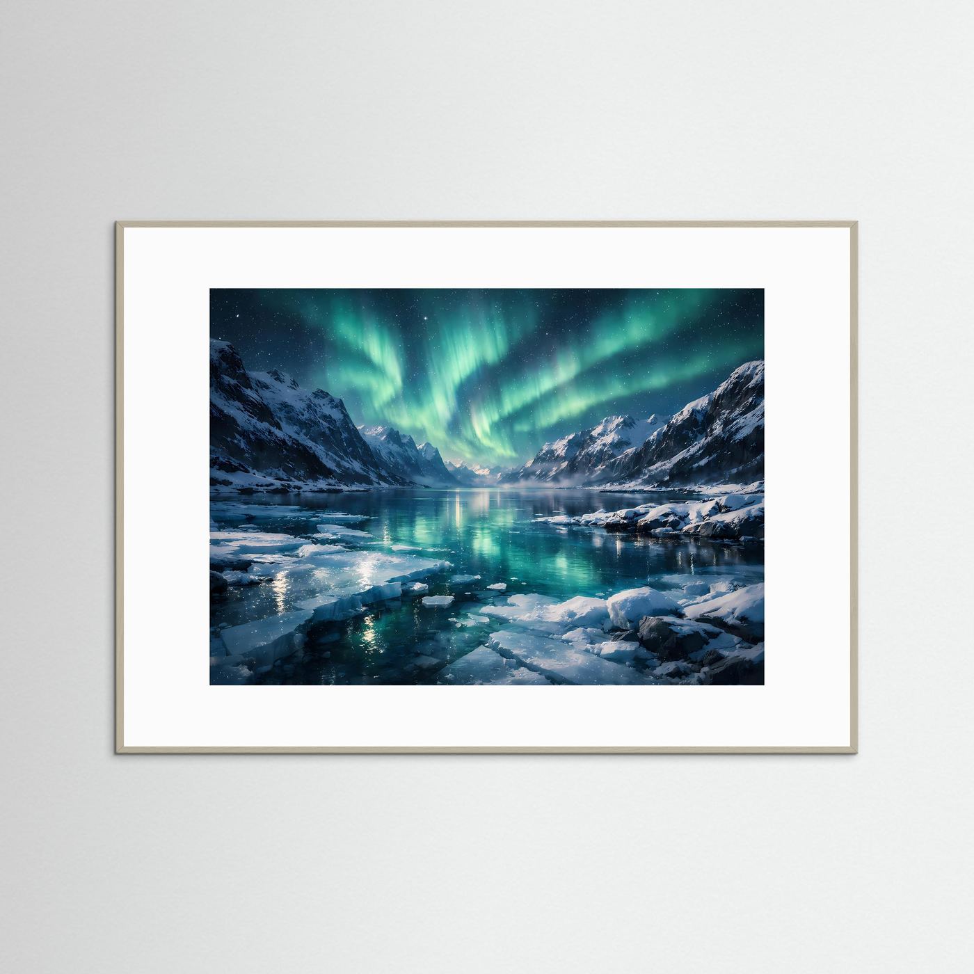 Magische Polarlichter über verschneitem Fjord | Nordlichter Panorama Wandbild & Kunst Poster Querformat
