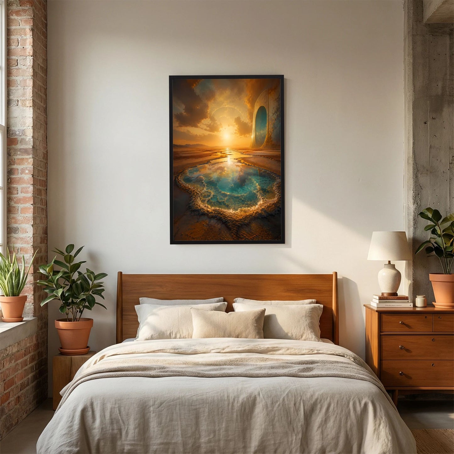 Hochformatiges Poster mit surrealer Wüstenlandschaft, türkisfarbener Quelle und Portal, schwarz gerahmt