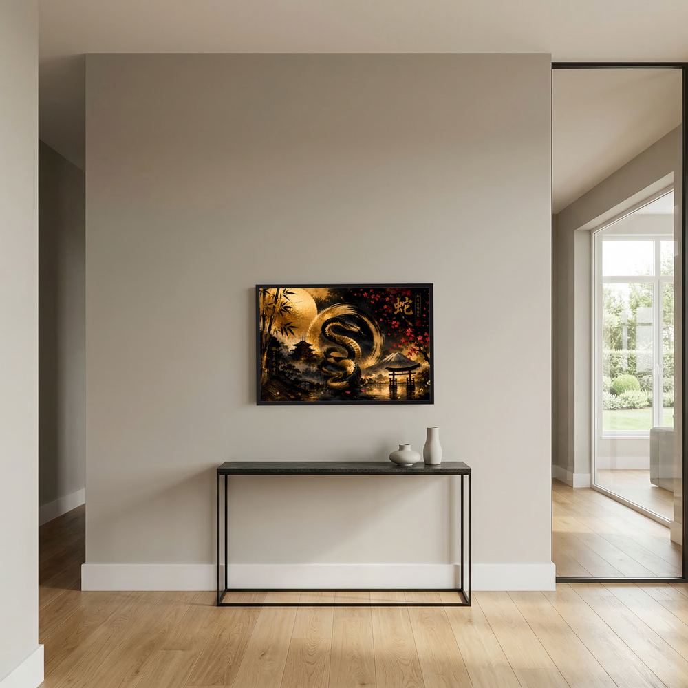 Wandposter Querformat mit goldener Schlange und Pagode, schwarz-goldenes Kunstmotiv