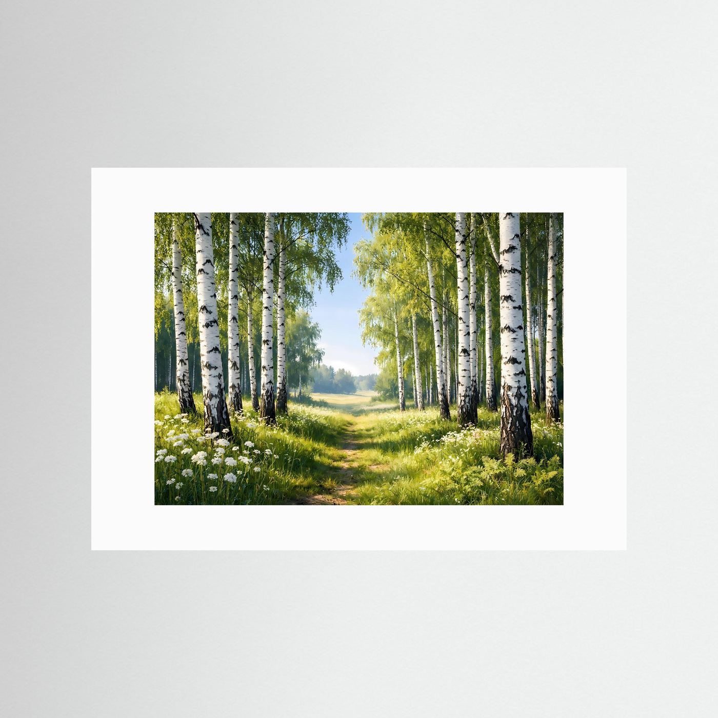 Wandposter Birkenwald und Wiesenweg im Querformat, mit weißem Passepartout