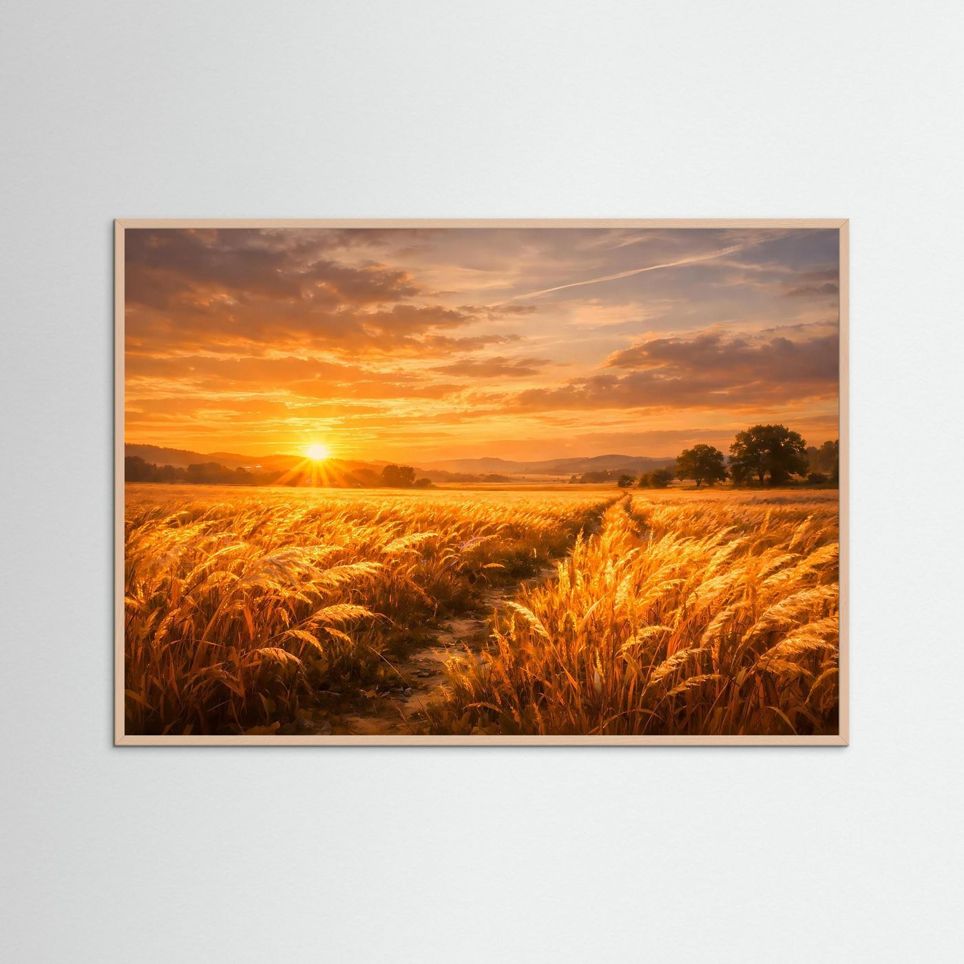 Wandbild mit goldenem Weizenfeld und Sonnenuntergang, brauner Rahmen