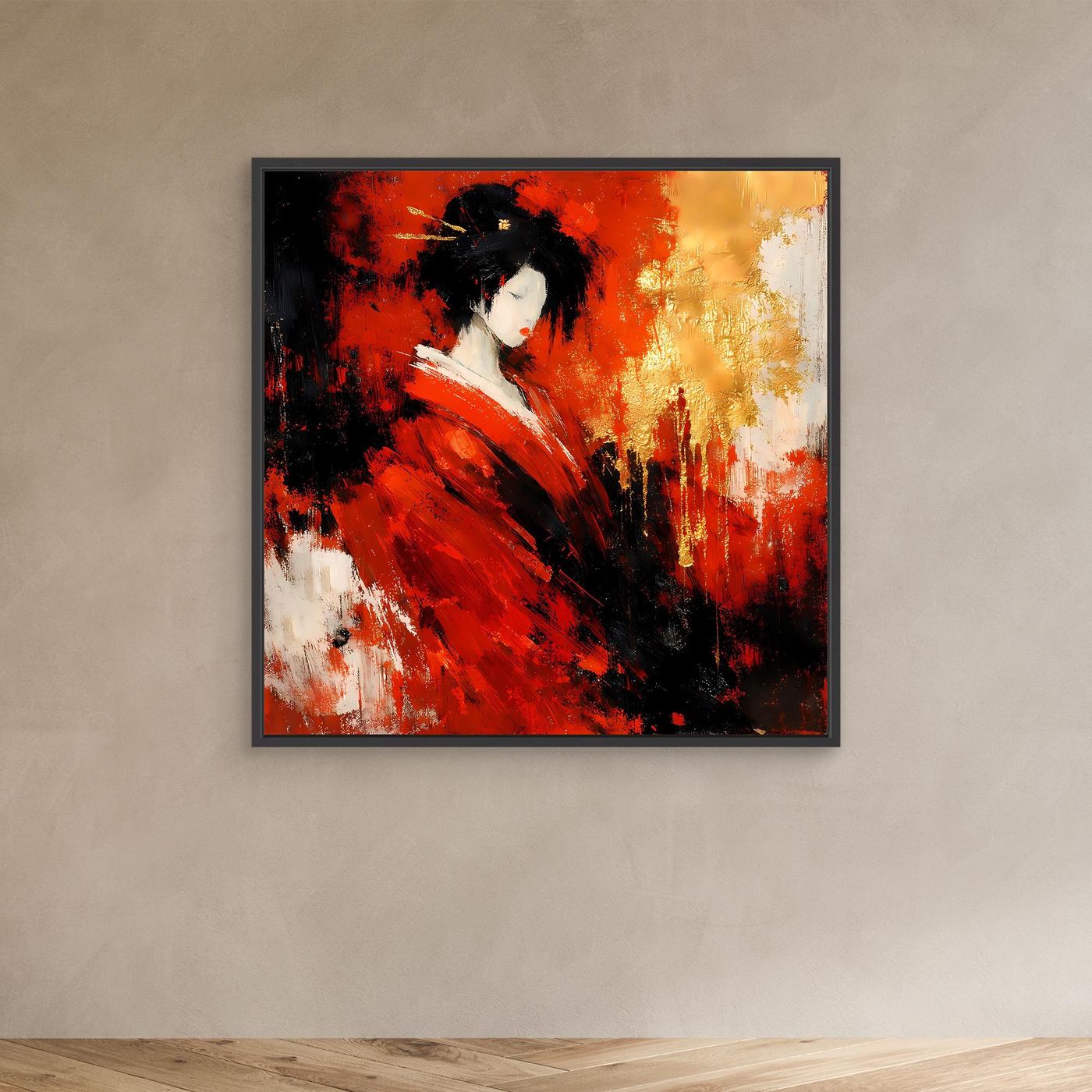 Leinwand Elegante Geisha im Roten Kimono | Abstraktes Asiatisches Wandbild Moderne Kunst