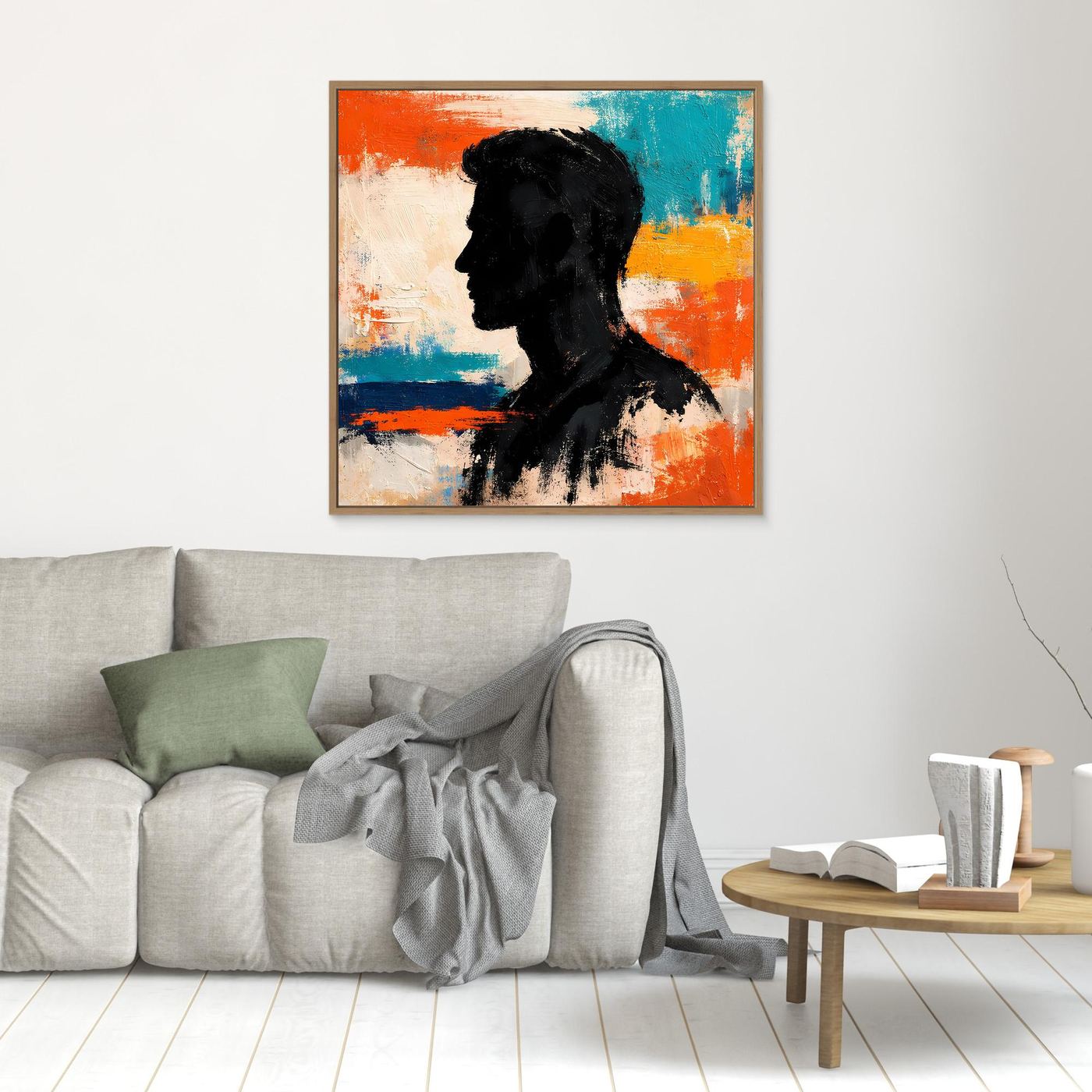Framed abstract men silhouette canvas wall art with light wood frame