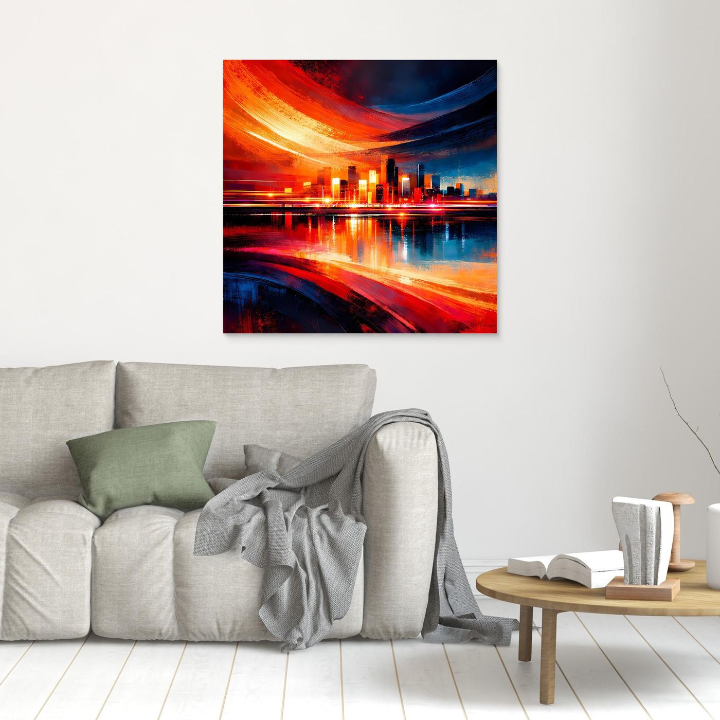 Abstraktes Leinwandbild mit Skyline-Lichtspuren in Rot und Blau, ohne sichtbaren Rahmen
