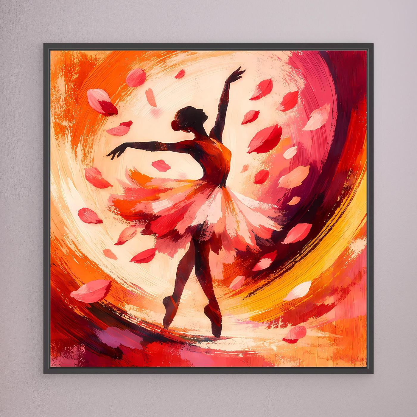 Gerahmtes Leinwandbild mit Ballerina-Silhouette im roten Blütenregen, gelbe Farbbögen