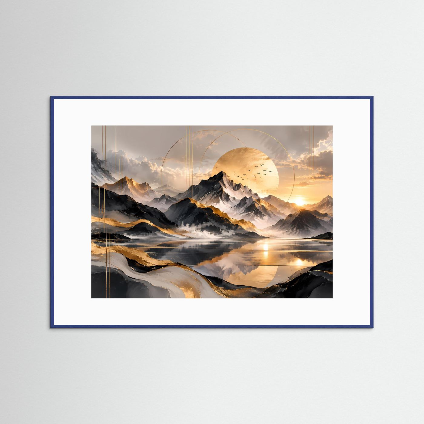Abstrakte Berglandschaft Poster | Goldene Berge mit See | Moderne Landschaft Kunst | Panorama Wandbild | Elegante Leinwand mit Goldakzenten