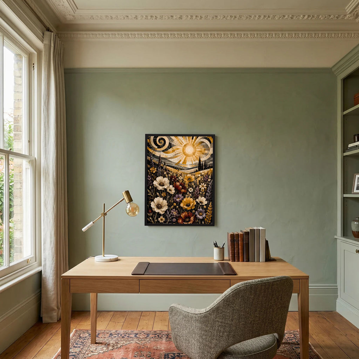 Quadratisches Poster: Mosaikblumen mit goldener Sonne und Spiralen