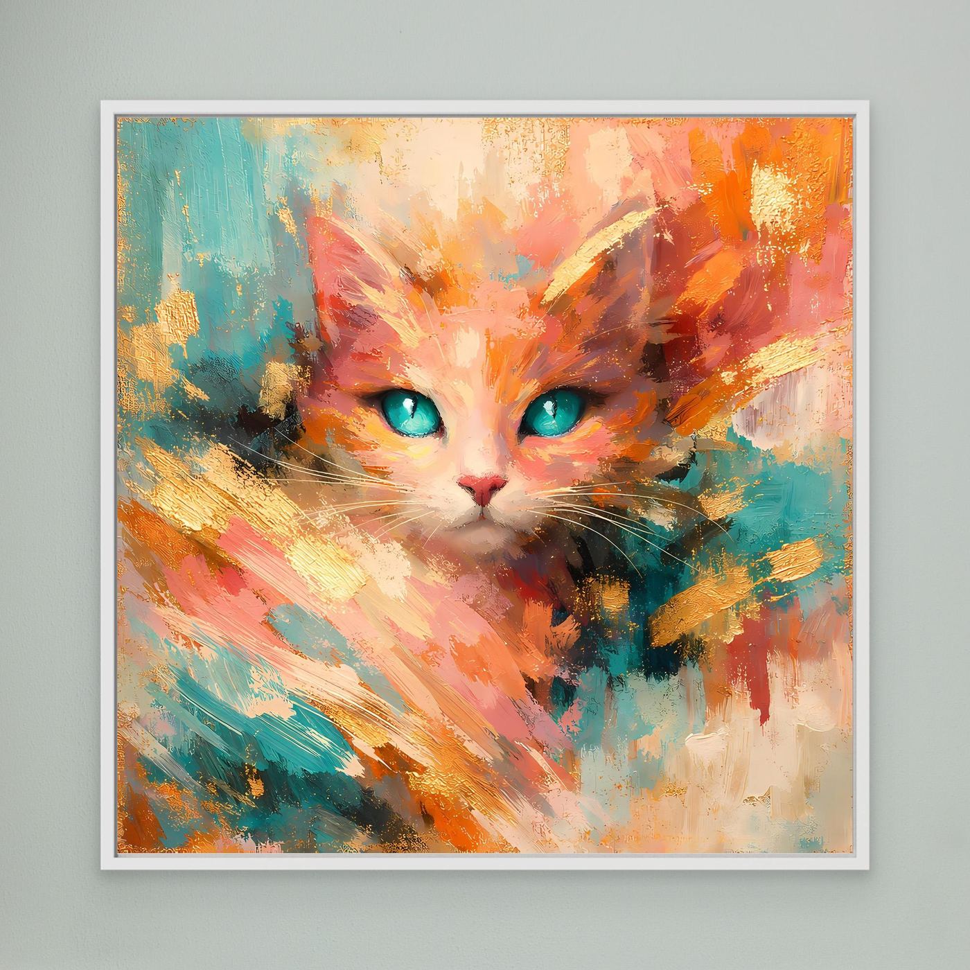 Leinwandbild einer abstrakten Katze mit türkisfarbenen Augen, weiß gerahmt