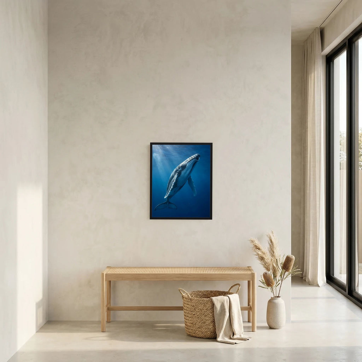 Wandposter mit Buckelwal unter Wasser, quadratisch, mit schwarzem Rahmen