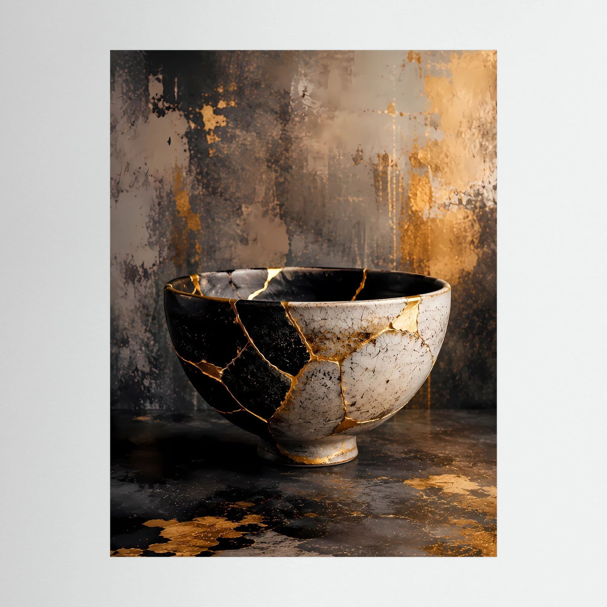 Hochformat-Poster im Nahblick: schwarze und weiße Schale mit goldenen Kintsugi-Rissen