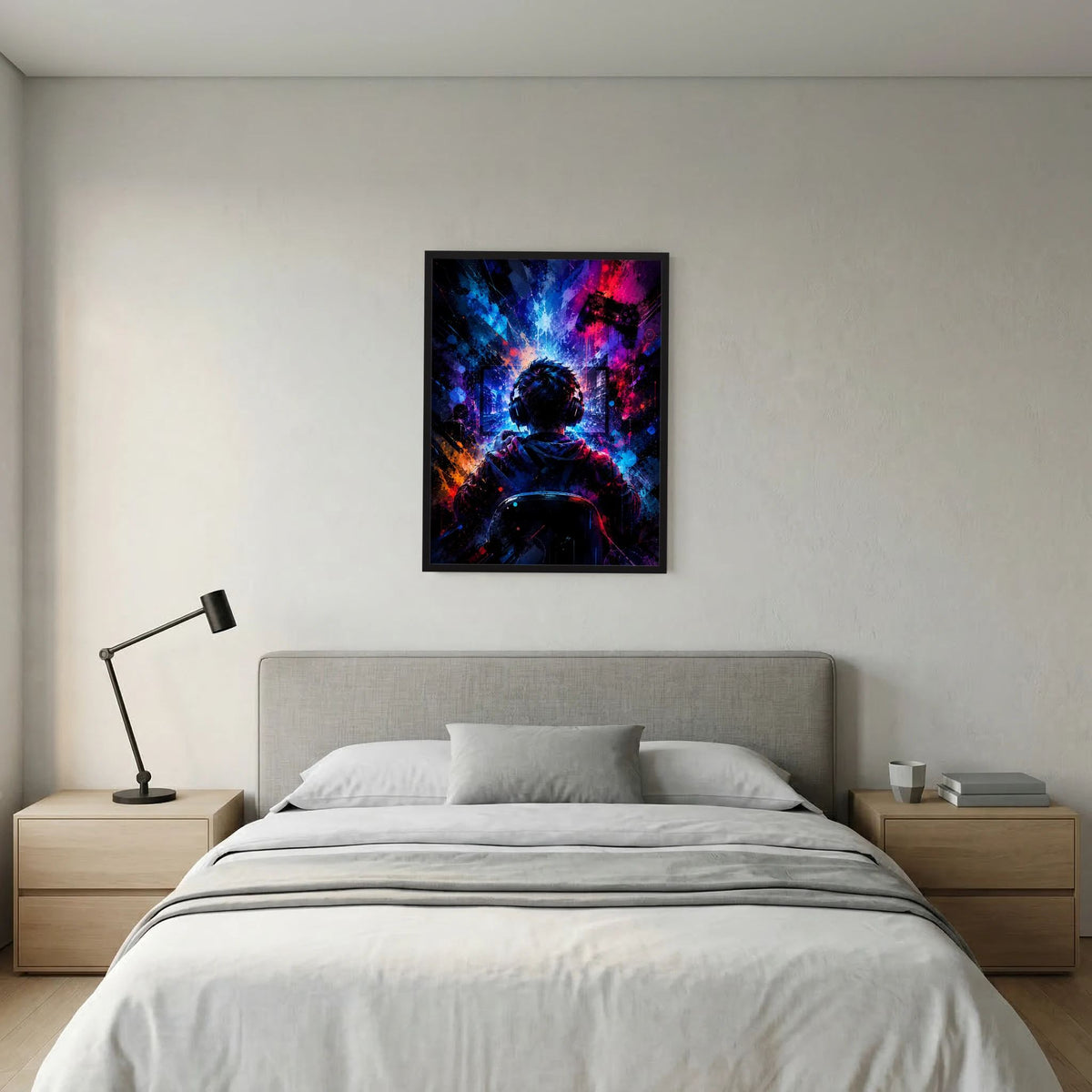 Schwarz gerahmtes Wandposter mit Neonfarben: Gamer mit Headset und Controller