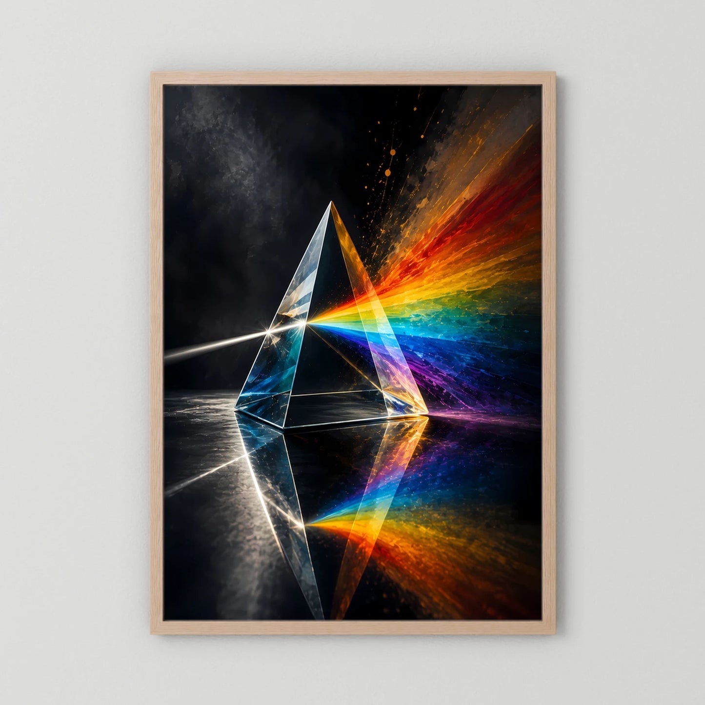 Poster mit prismatischem Regenbogen-Lichtspektrum im hellen Holzrahmen